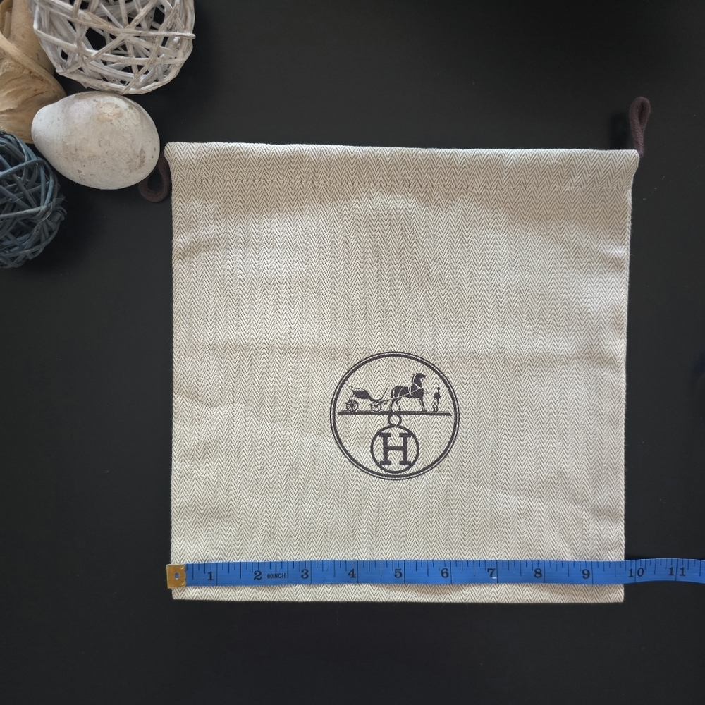Hermes Cream and Brown Logo Drawstring Pouch